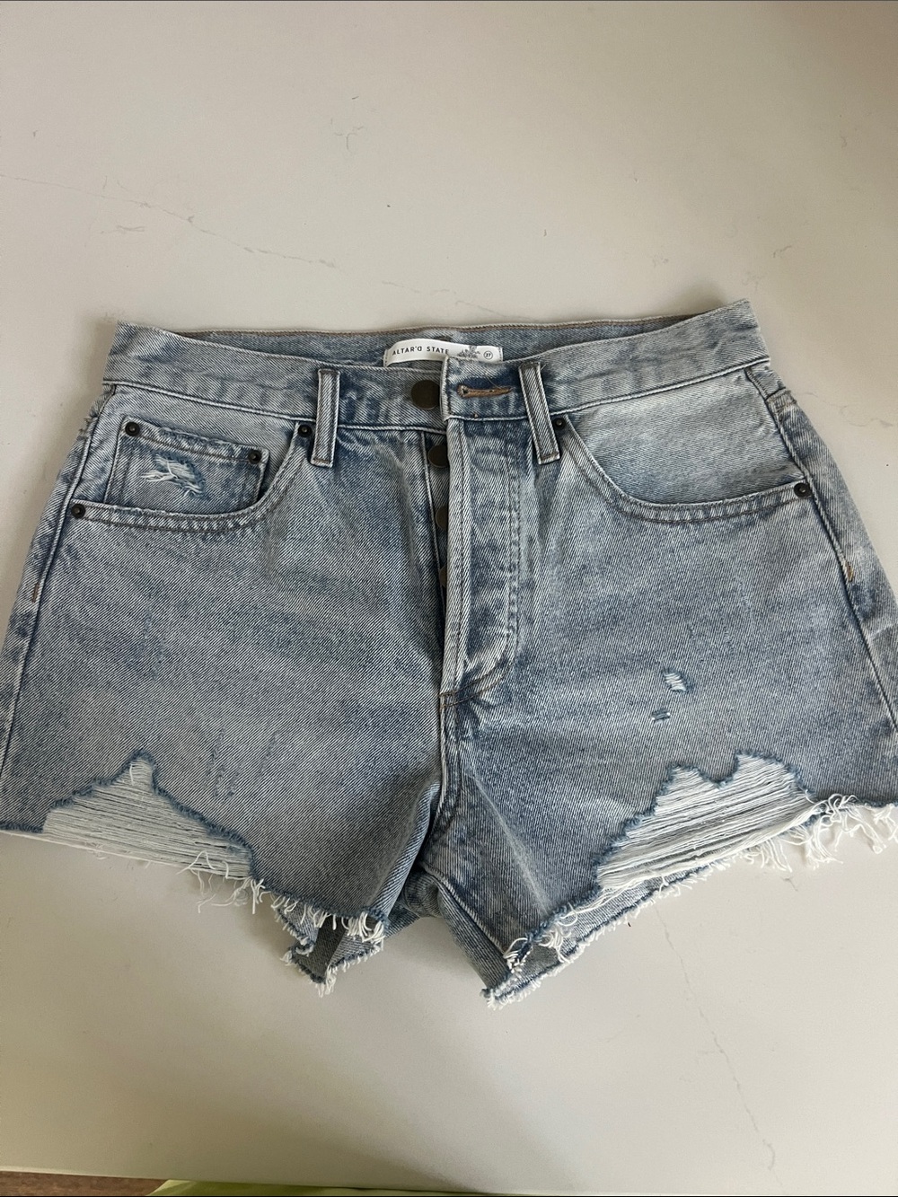 High-Rise Altar’d State Distressed Denim Shorts - Light Blue